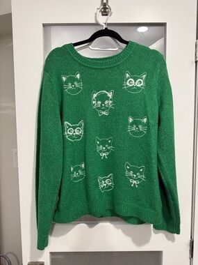 cupcakes & cashmere Green Crewneck Sweater with White Cat Faces